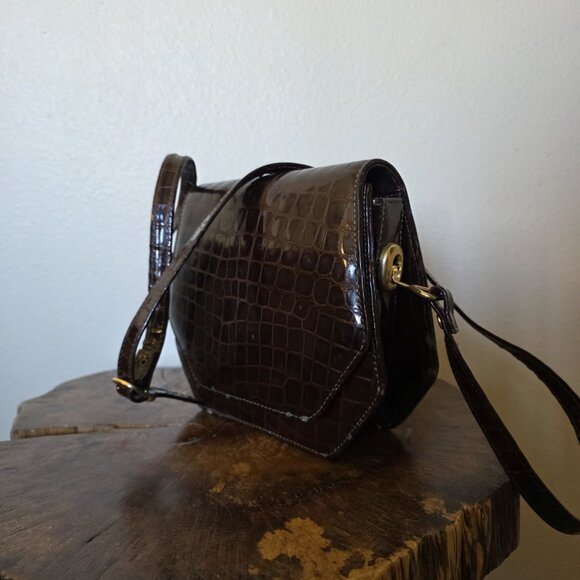 Vintage Made in Italy Croc Embossed Brown Leather Crossbody Bag Brass Hardware - Picture 14 of 16